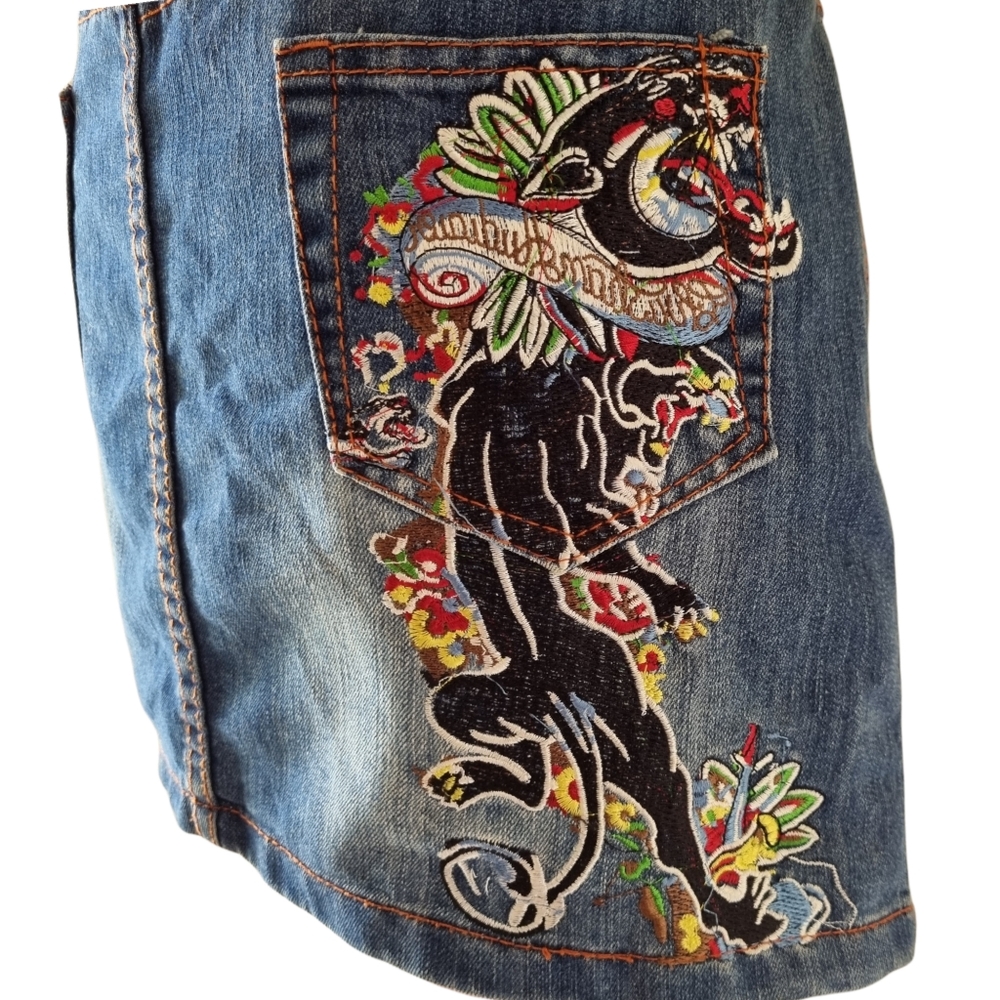 Christian Audigier Mini Denim Y2K Embroidered Panther Skirt Size 31 (Size 12) - Picture 11 of 13